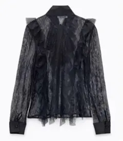 ZARA 黒 レース フリル リボン付きブラウス
