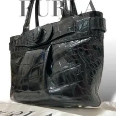 【美品】フルラ　トートバッグ　ハンド　クロコ型押し　ターンロック　ブラック　上品