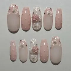 ネイルチップ　量産型　韓国　リボン　薔薇　レース　バレエコア　フレンチガーリー