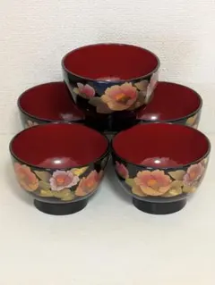 ⭐️ 会津塗 天然木加工品 春秋蒔絵 蓋付き汁椀揃え 5客 美品 