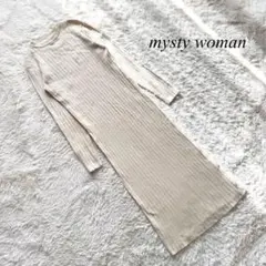 M6【ミスティウーマン】リブニットタイトワンピース　長袖　F ライトベージュ