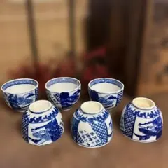 骨董】100年物 印判手 煎茶碗 8客セット 大正・昭和レトロ 湯呑み 