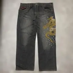 豊天商店 ドラゴン金刺繍デニムパンツ 和柄 龍 桜4L 大きいサイズ g62のサムネイル