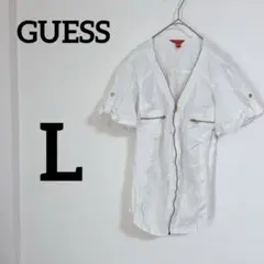 希少✨GUESS ゲス【L】ホワイト 半袖シャツ 白　USA古着　ジップアップ