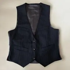ダークネイビー ストライプ スーツベスト毛100% 背裏キュプラ100%