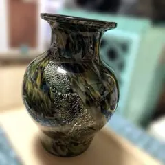 カメイガラス☆黒い金箔装飾花瓶 アンティーク 立て約25㌢直径約17