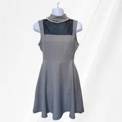 【MURUA】千鳥格子 ハイネックチュール フレアワンピース パール付 F