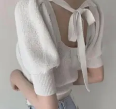 バックリボンスクエアネックニットトップス