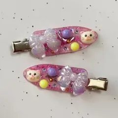 【平成レトロ】【平成女児】桃色きらきらネコちゃんリボンへアクリップ（2個セット）