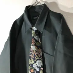 【個性派古着】日本製　長袖デザインシャツ（ネクタイ付）毛100％　灰　メンズ L