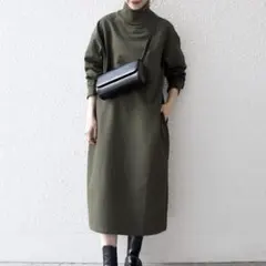 SHIPS any 裏起毛 リブ ハイネック ワンピース オリーブ