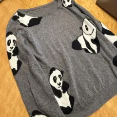 パンダ柄グレー長袖ニットセーター
