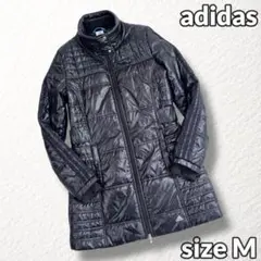 美品【アディダス】エコダウンコート 中綿ロングジャケット 3本線 Wジップ 黒