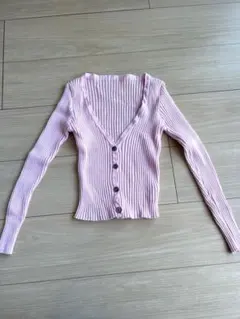 ピンク リブ編み Vネック 長袖