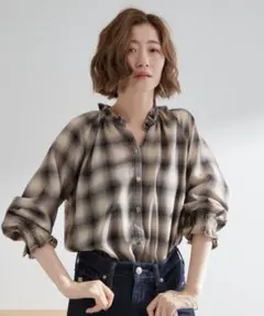 チェック柄五分袖シャツ　✴︎美品　grove Lサイズ