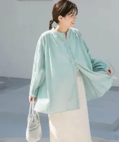 ミント　長袖シャツ　コットンボイルギャザーブラウス