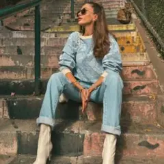 ZARA ザラ ペイズリー バンダナ ダメージデニムスウェット S