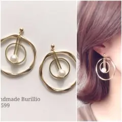 no.599 ゴールドうねりフープ×パールリングピアス イヤリング