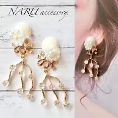 【41】フラワーカボション　リボン　フラワーデザインチャーム　ピアス　イヤリング