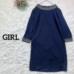 ガール　ビジュー付きワンピース　七分袖　綺麗め　ひざ丈　ネイビー　Mサイズ