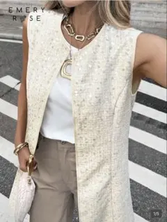 【未使用】スパンコール ツイードノースリーブベスト　Ｓサイズ　ホワイト　白ベスト