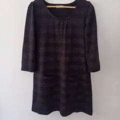 エニィファム　ブラックボーダーニット七分袖ワンピース
