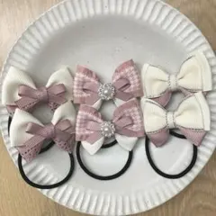 再販＊ハンドメイド キッズ リボン ヘアゴム＊くすみピンク×ラインストーンパール