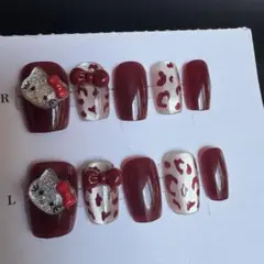 猫　ネイルチップセット　赤　SとMサイズ