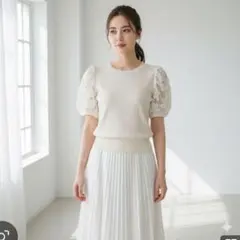 《美品》アプワイザーリッシェ 半袖ニット レース ビジュー バルーン袖 M 白