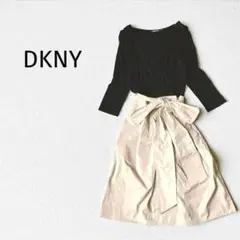 ＊DKNY＊膝下丈ドッキングワンピース カシュクール 七分袖 黒ベージュ 日本製
