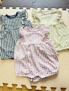 70 女の子 ロンパース セット ギンガムチェック 3枚 夏服 フリル