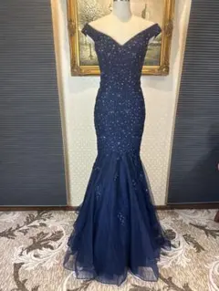 ネイビー オフショルダー ビーズ刺繍 マーメイドドレス