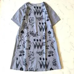 スーパーハッカ　花柄刺繍ロングワンピース　半袖　ストライプ　水色