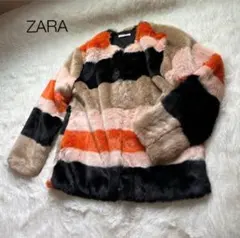 ZARA TRFマルチボーダーファーコート　M フェイクファーコート カラフル