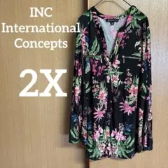 InternationalConcepts【2X】黒 チュニック丈トップス 花柄