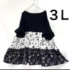 新品【3Ｌ】フラワープリント フレアスリーブチュニック