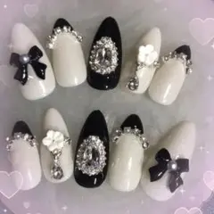 現品販売 量産型 フレンチガーリー ビジュー 大人綺麗 リボン ネイルチップ