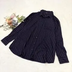 【ユニクロ】ストライプ柄シャツ ブラウス 長袖 ネイビー ゆったり XL