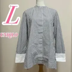 UNIQLO +J ストライプ バンドカラーシャツ 長袖 L ブラック ホワイト