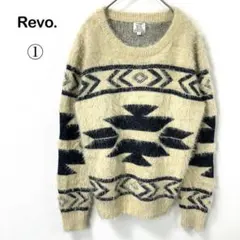 【レヴ】長袖 ニット セーター モヘア風タッチ ネイティブ 柄 アイボリー系1