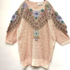 ヴィンテージ　花柄モチーフ透かし編み　サマーニット 半袖 ピンク　アップリケ
