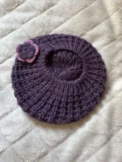 キッズ　ベビー　子供　パープル ニット ベレー帽 花の装飾付き