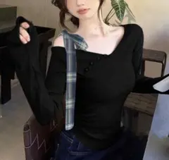 リブ編み ブラック 長袖 トップス スカーフ付き