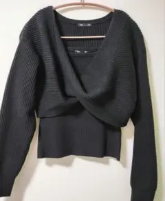 新品 GU リブ編みクロスオーバートップスとキャミソールセット 黒 ブラック L