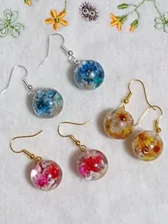 まんまるボトルのドライフラワーオルゴナイトピアス☆彡3点セット