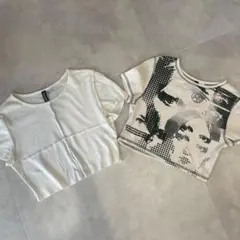 ショート丈tシャツホワイトクロップドTシャツとグラフィックTシャツセット