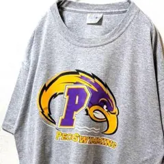 ヘインズ ペイコススイミング デカロゴ Tシャツ グレー 灰色 L 古着