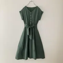 極美品シップス　リネンカイキンシャツワンピース グリーン 麻　サイズ38 極美品シップス リネンカイキンシャツワンピース グリーン 麻 サイズ38