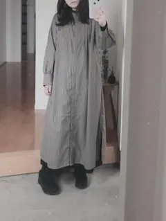 美品　studioCLIP グレー　ストライプ　M  バンドカラー　シャツワンピ