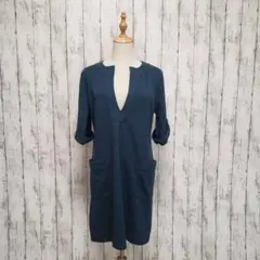 【franeaise】7分丈ワンピース【L】 ダークブルー　2ポケット　厚手生地